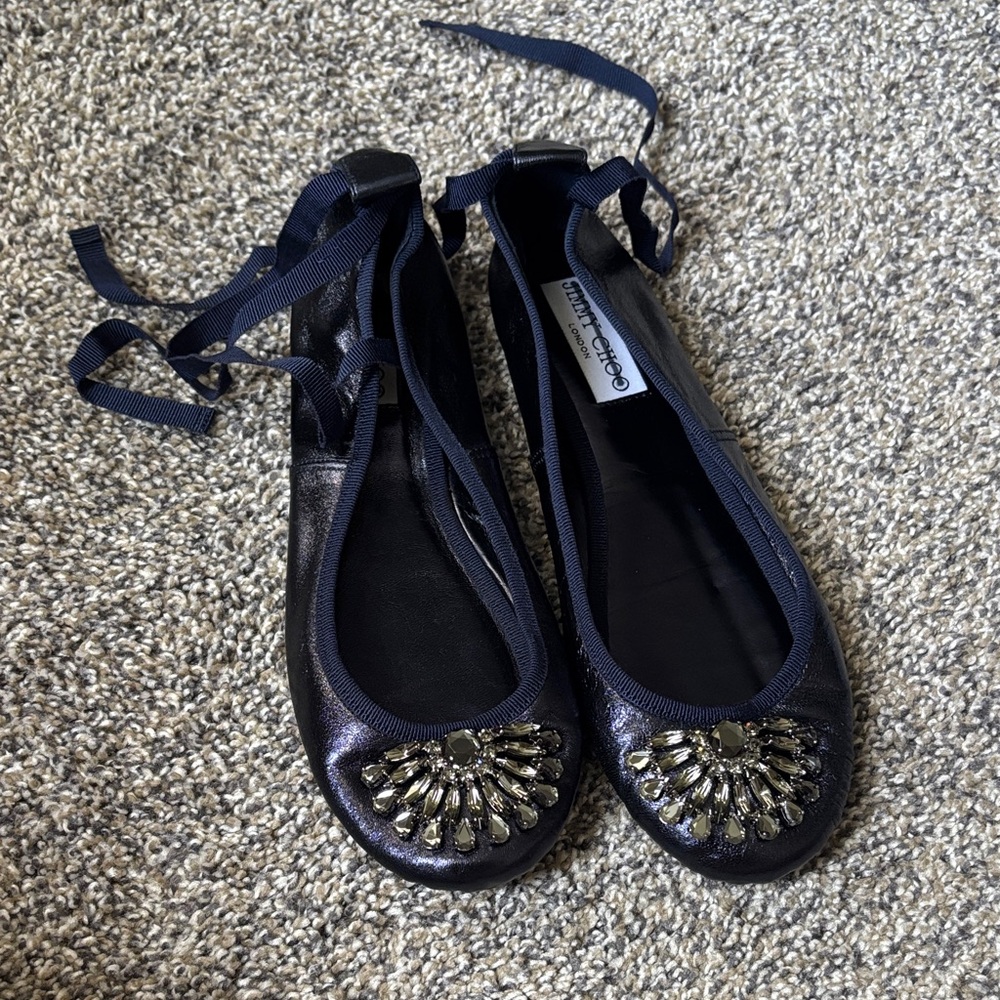 Jimmy Choo Navy blue metallic leather Embellished Ballet Flats